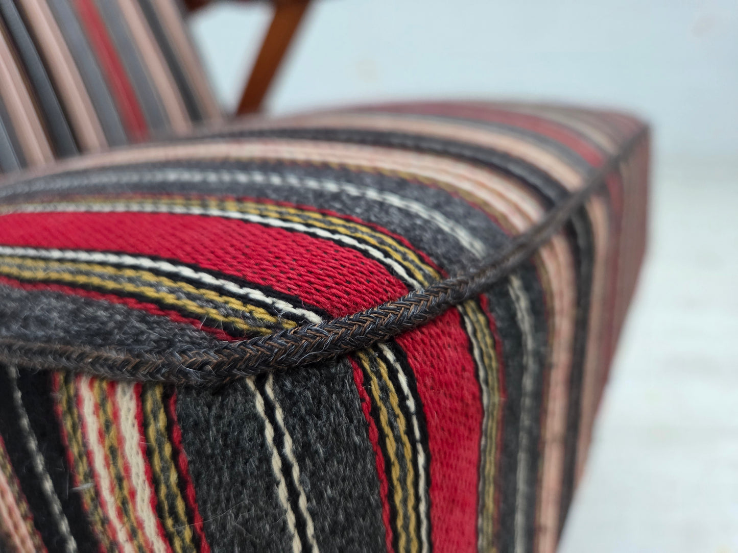 1960s, Swedish armchair, striped furniture wool fabric, oak wood, teak wood.