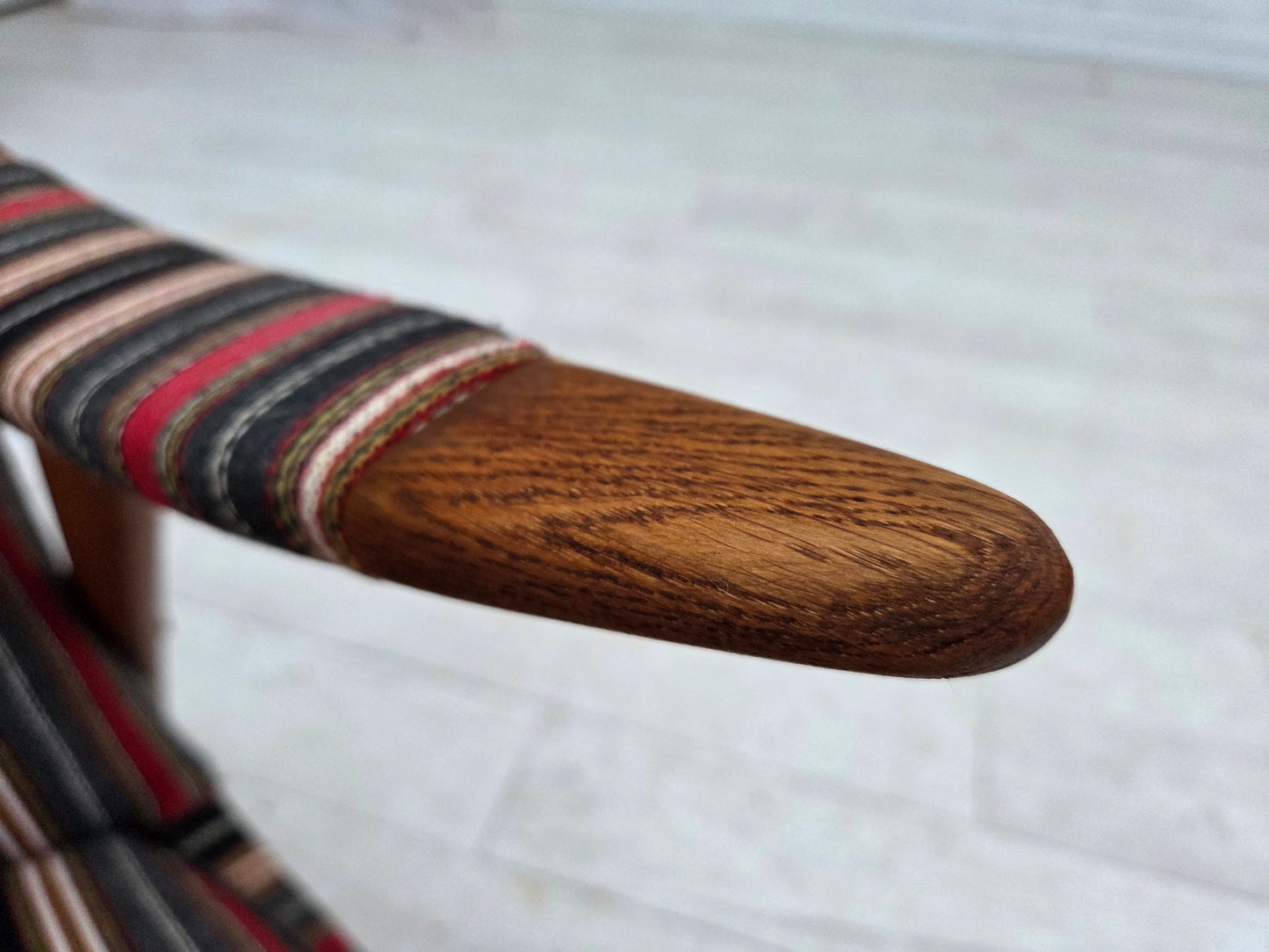 1960s, Swedish armchair, striped furniture wool fabric, oak wood, teak wood.