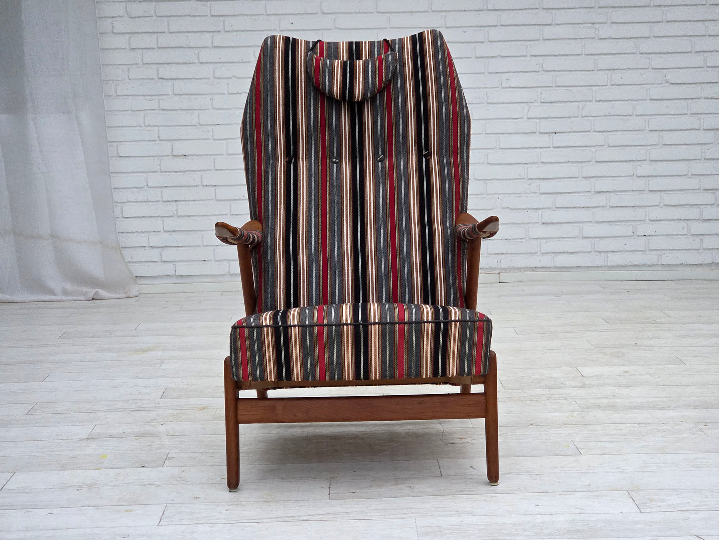 1960s, Swedish armchair, striped furniture wool fabric, oak wood, teak wood.