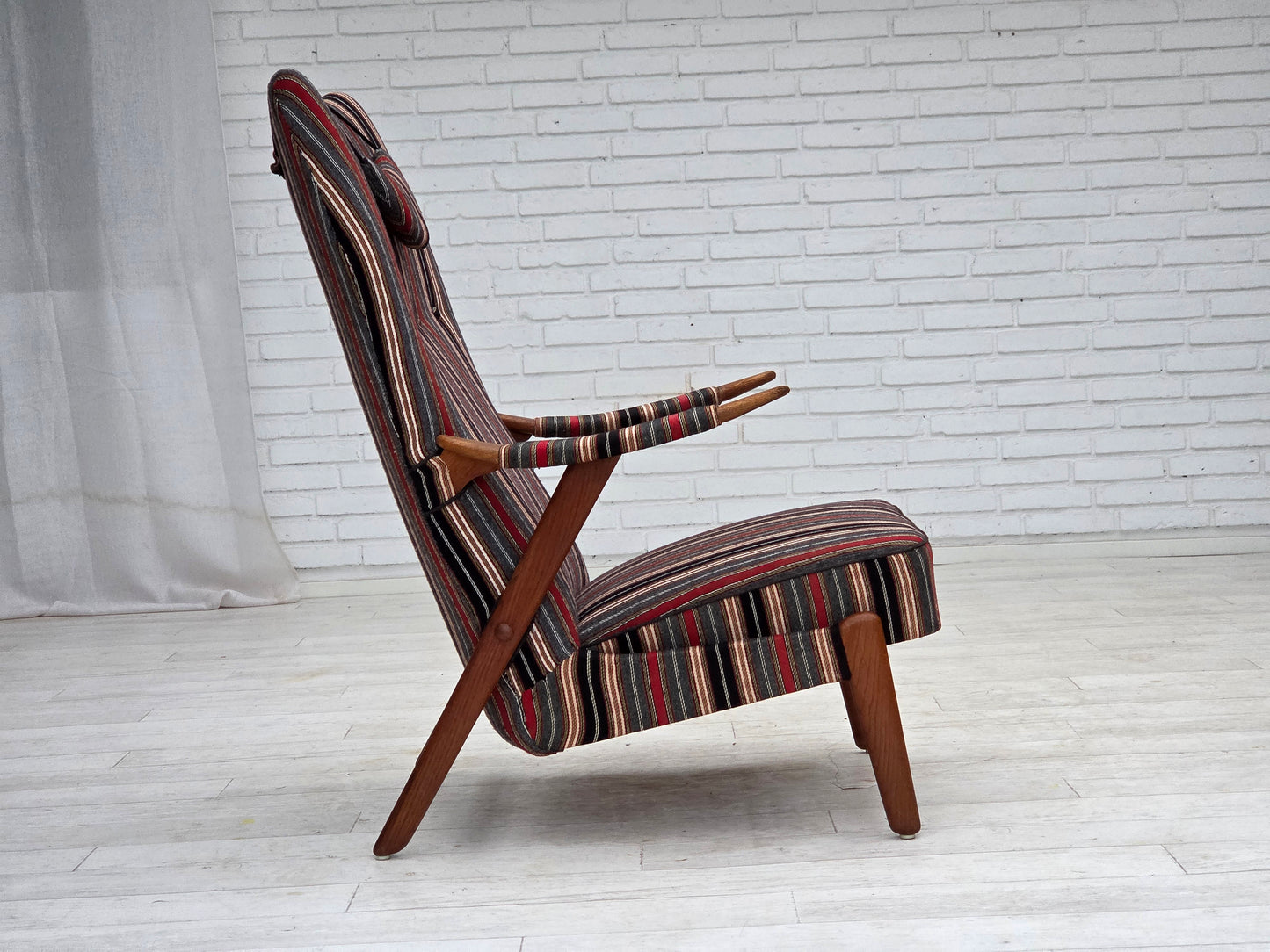 1960s, Swedish armchair, striped furniture wool fabric, oak wood, teak wood.