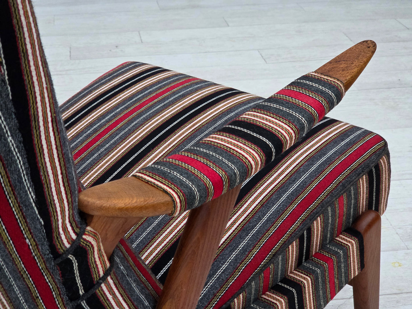 1960s, Swedish armchair, striped furniture wool fabric, oak wood, teak wood.