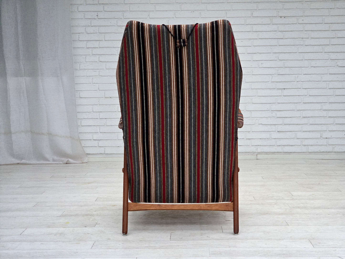 1960s, Swedish armchair, striped furniture wool fabric, oak wood, teak wood.
