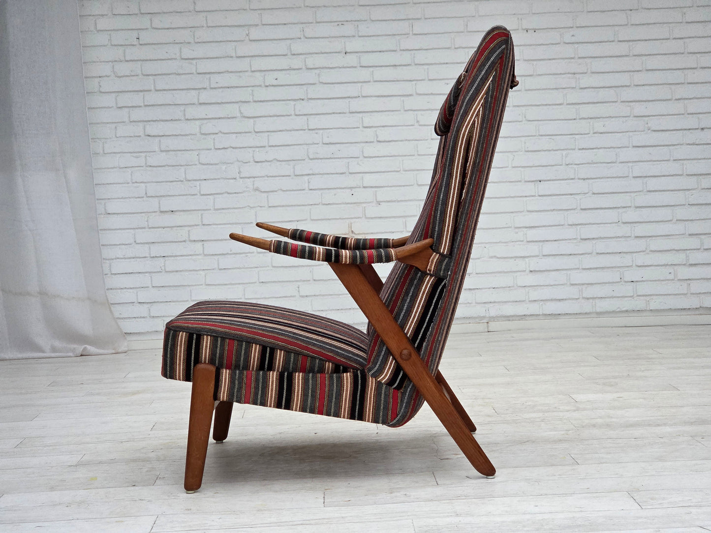 1960s, Swedish armchair, striped furniture wool fabric, oak wood, teak wood.