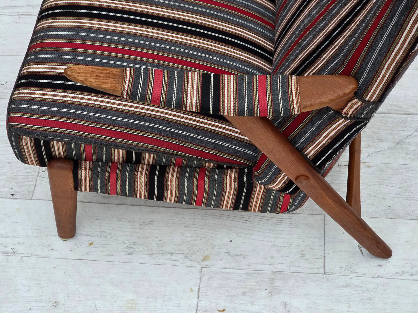 1960s, Swedish armchair, striped furniture wool fabric, oak wood, teak wood.