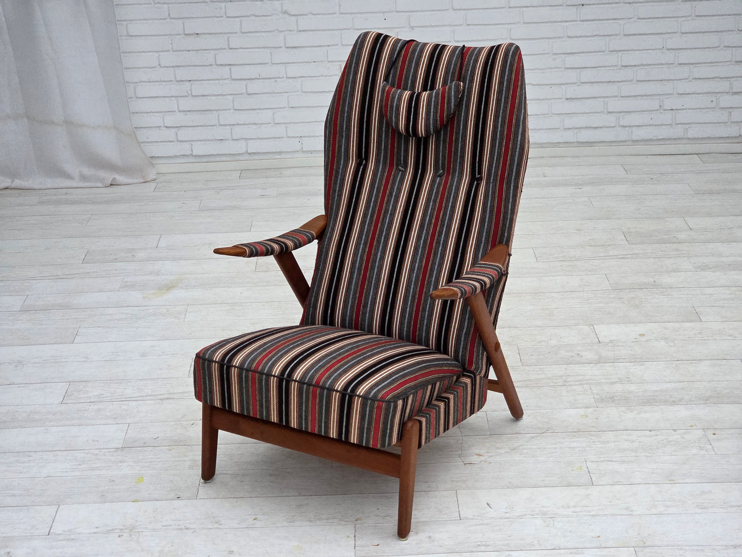 1960s, Swedish armchair, striped furniture wool fabric, oak wood, teak wood.