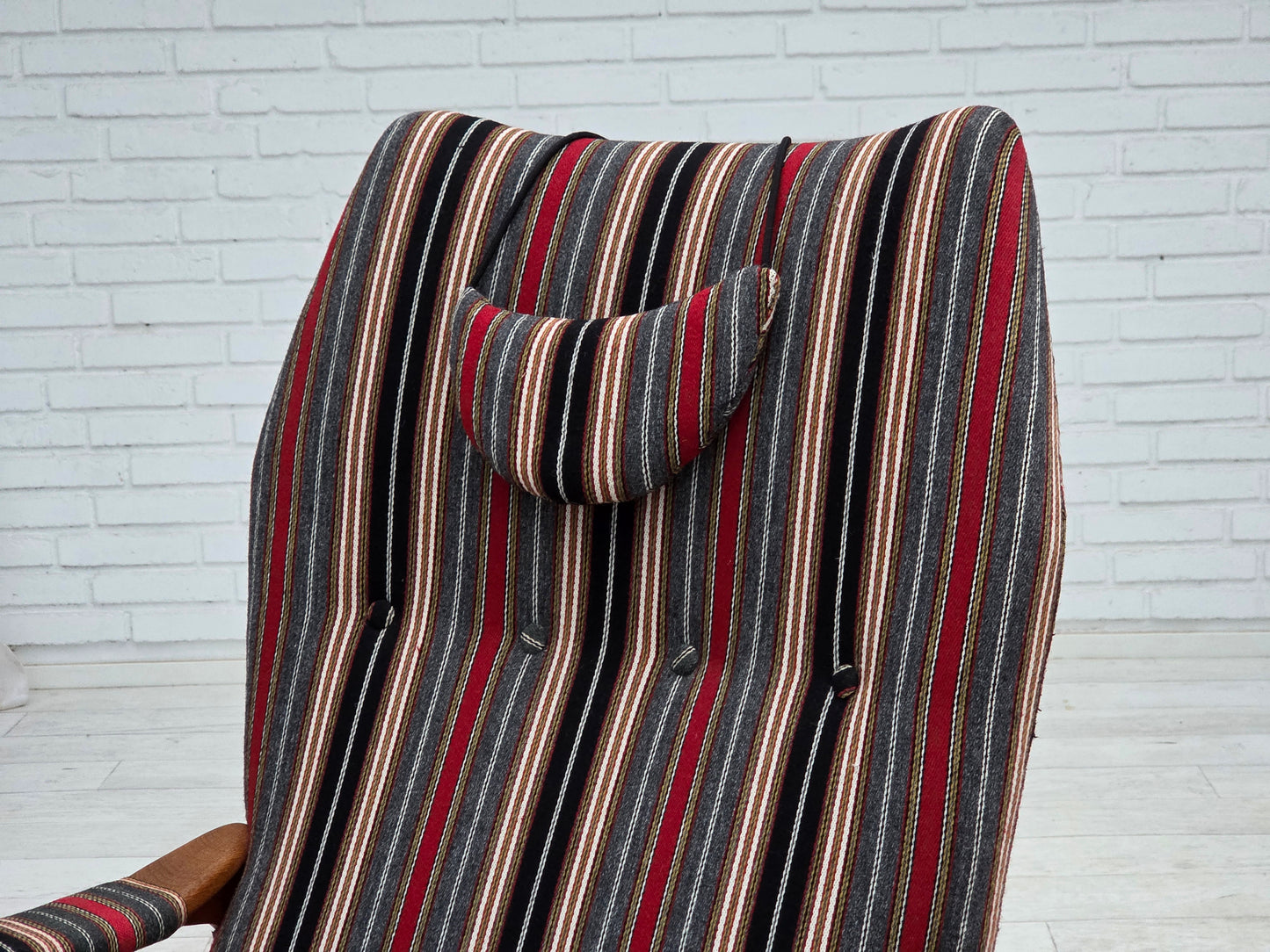 1960s, Swedish armchair, striped furniture wool fabric, oak wood, teak wood.