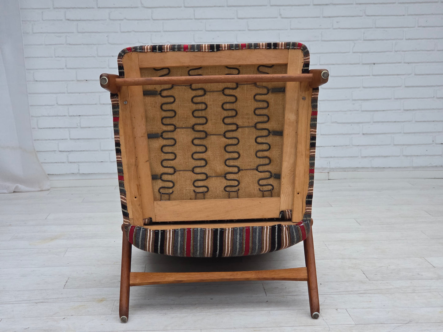 1960s, Swedish armchair, striped furniture wool fabric, oak wood, teak wood.