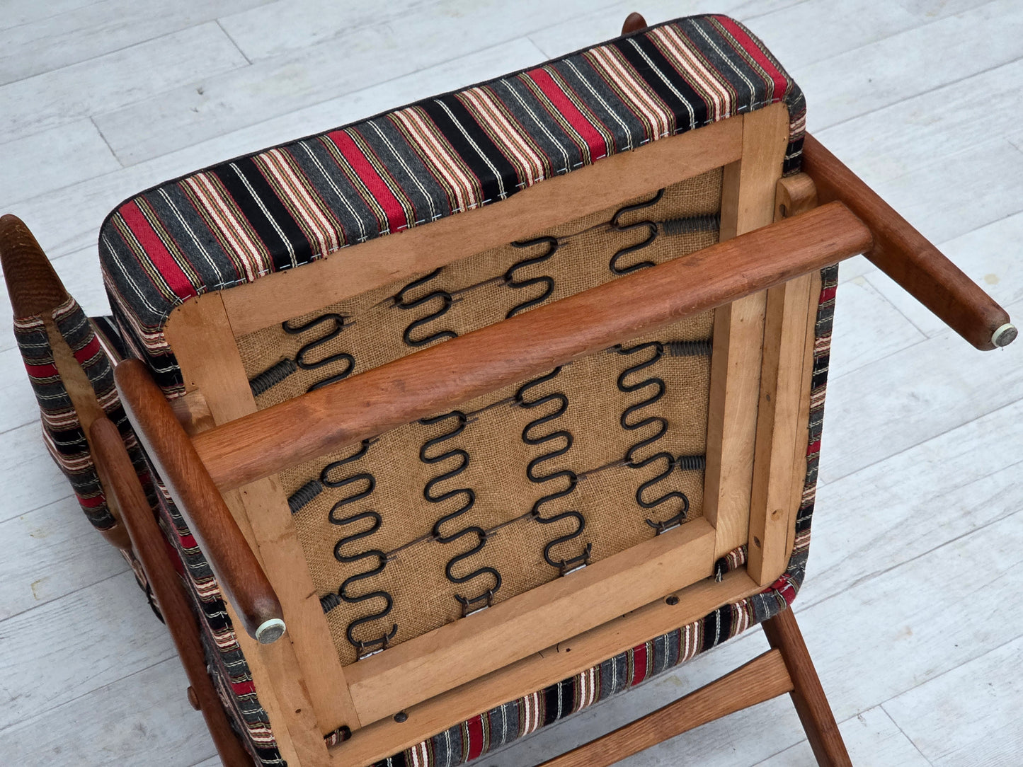 1960s, Swedish armchair, striped furniture wool fabric, oak wood, teak wood.
