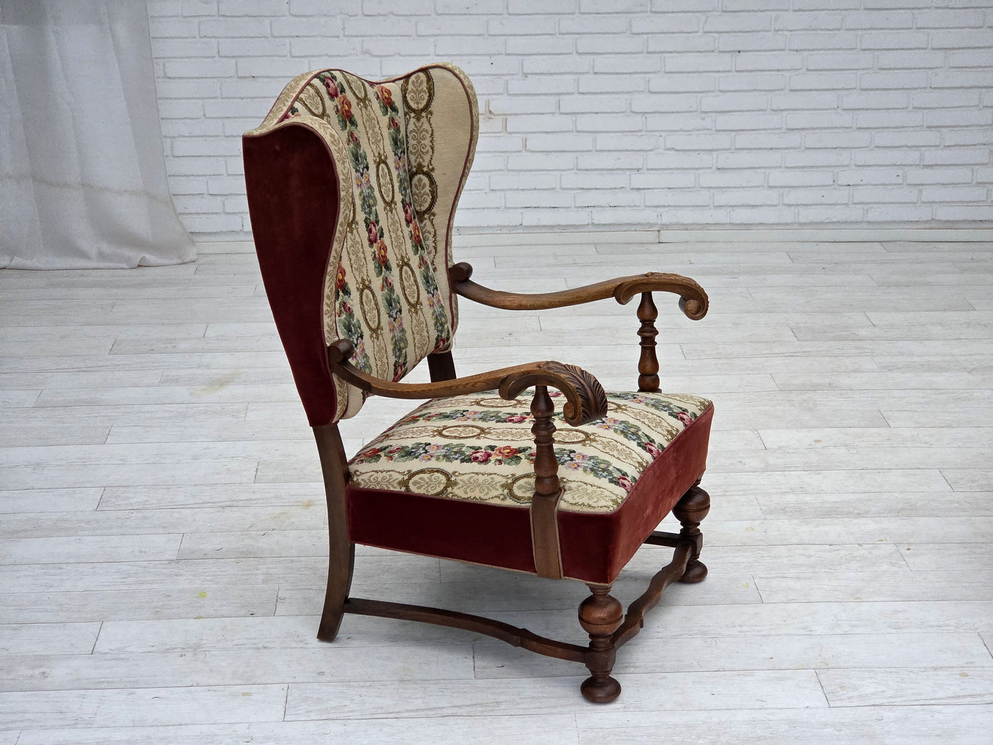 1950s, Danish wingback armchair, woven wool fabric, red furniture velour, ash wood.