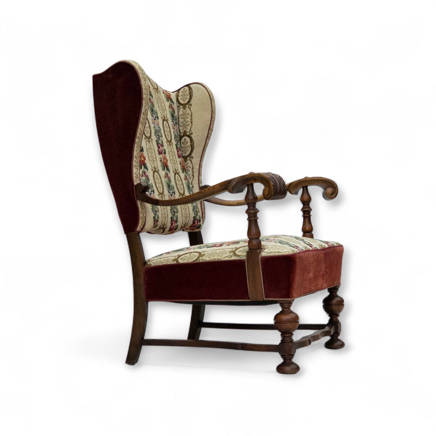 1950s, Danish wingback armchair, woven wool fabric, red furniture velour, ash wood.