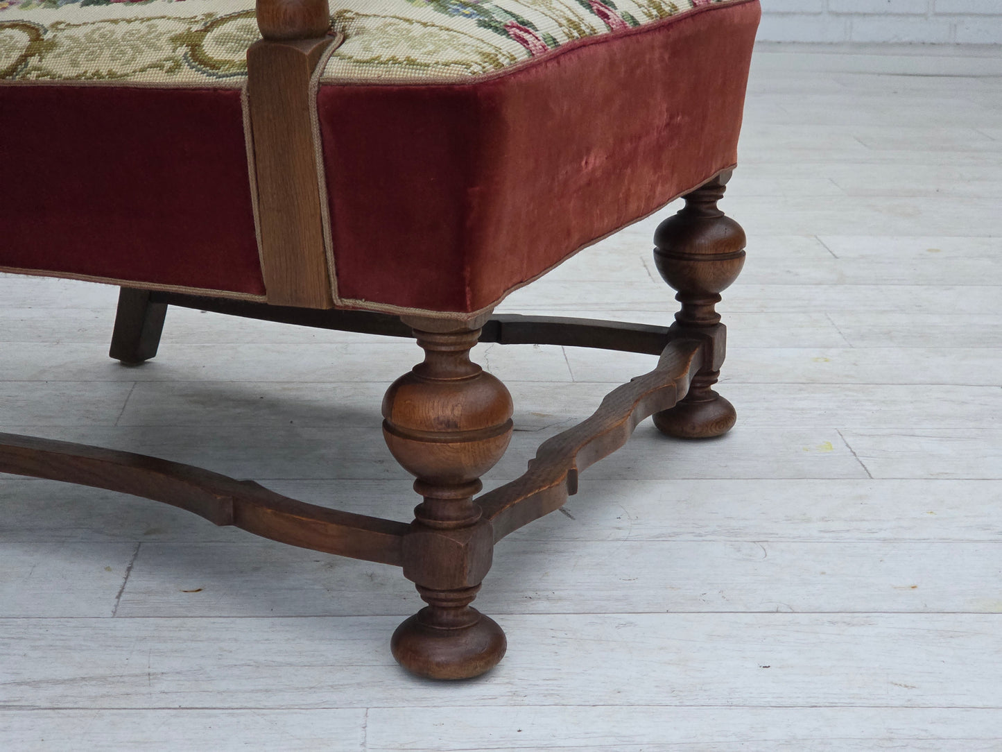 1950s, Danish wingback armchair, woven wool fabric, red furniture velour, ash wood.