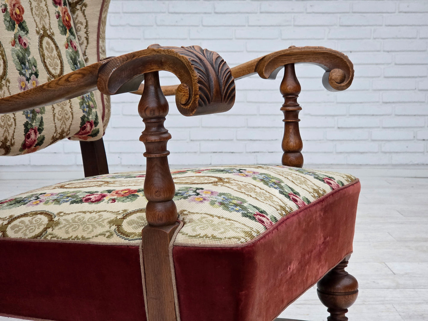 1950s, Danish wingback armchair, woven wool fabric, red furniture velour, ash wood.