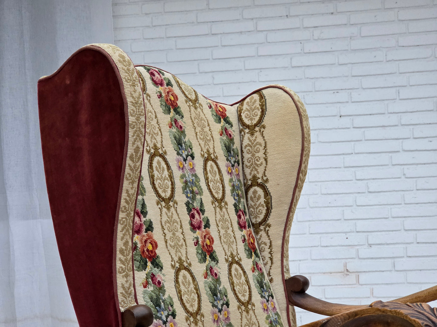 1950s, Danish wingback armchair, woven wool fabric, red furniture velour, ash wood.