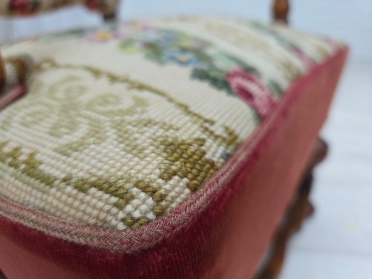 1950s, Danish wingback armchair, woven wool fabric, red furniture velour, ash wood.