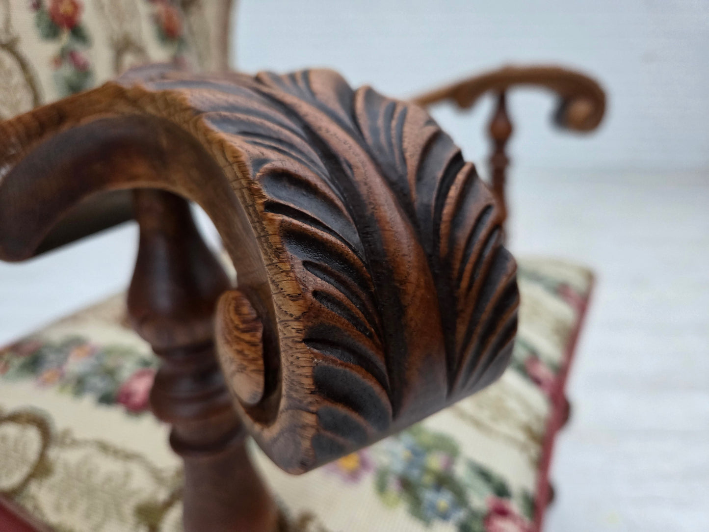 1950s, Danish wingback armchair, woven wool fabric, red furniture velour, ash wood.
