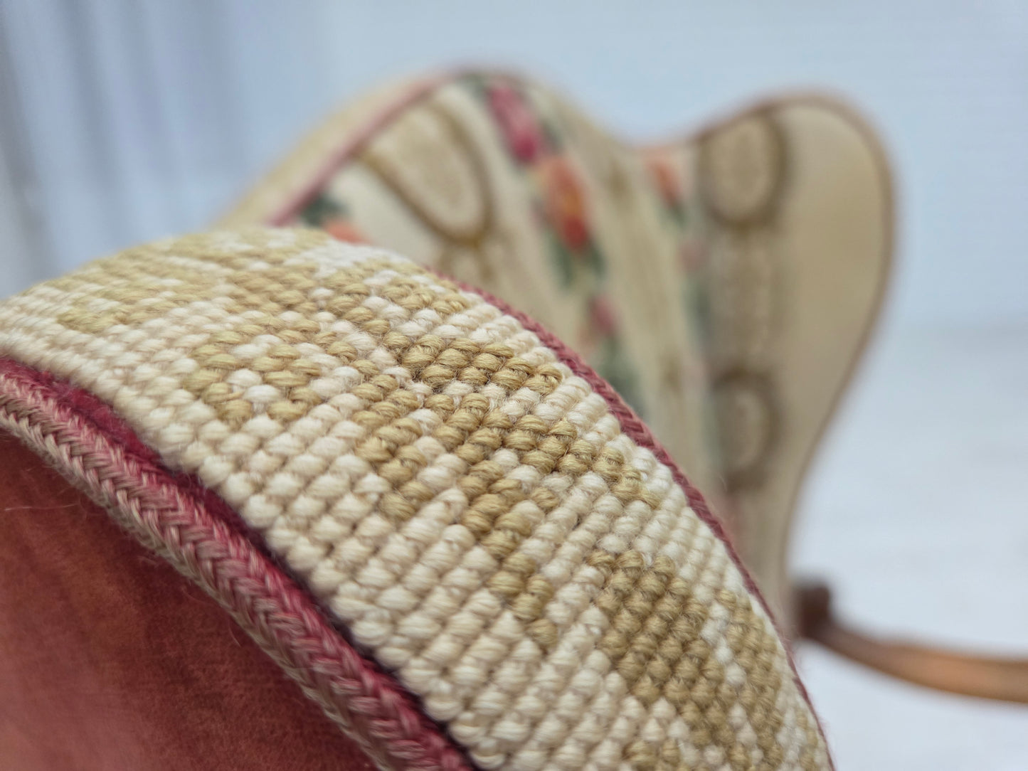 1950s, Danish wingback armchair, woven wool fabric, red furniture velour, ash wood.