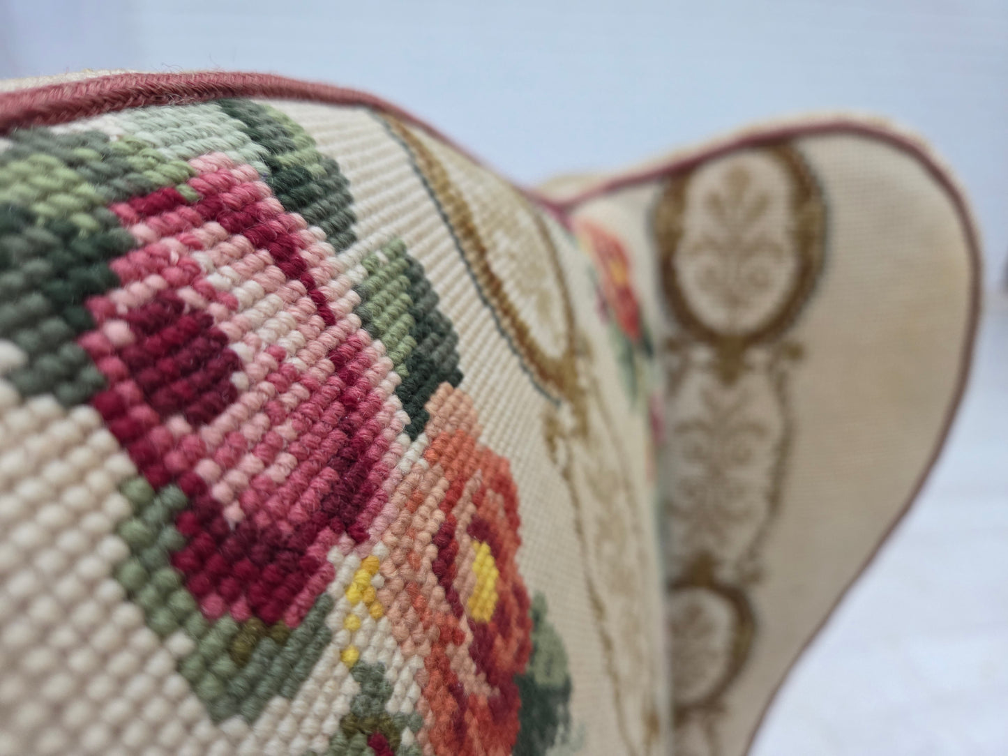 1950s, Danish wingback armchair, woven wool fabric, red furniture velour, ash wood.