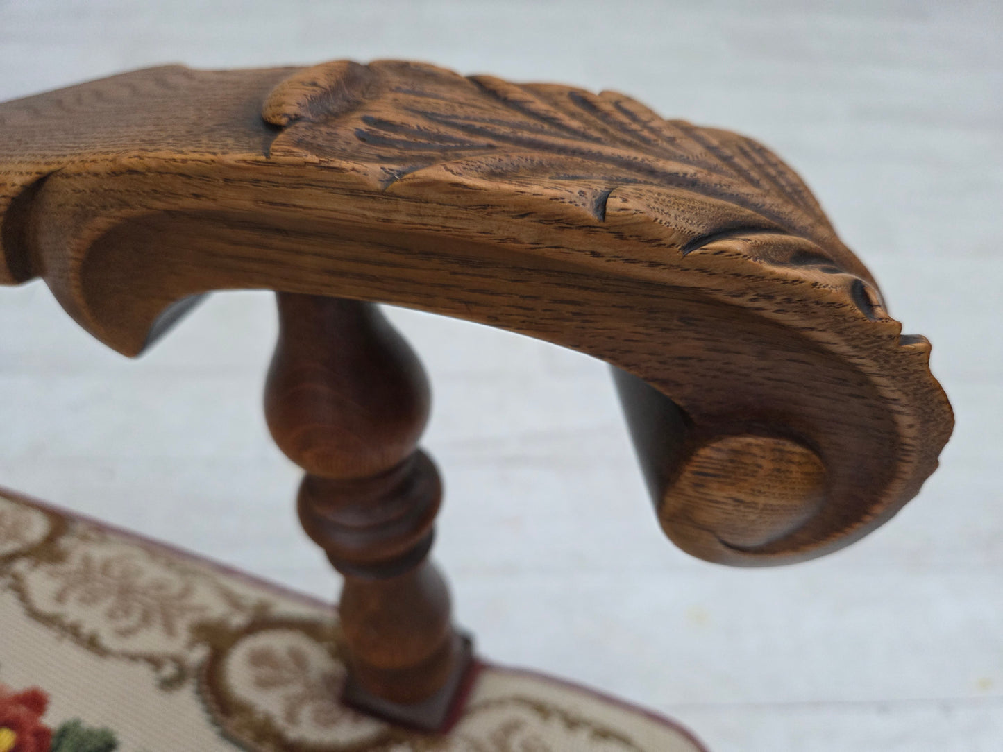 1950s, Danish wingback armchair, woven wool fabric, red furniture velour, ash wood.