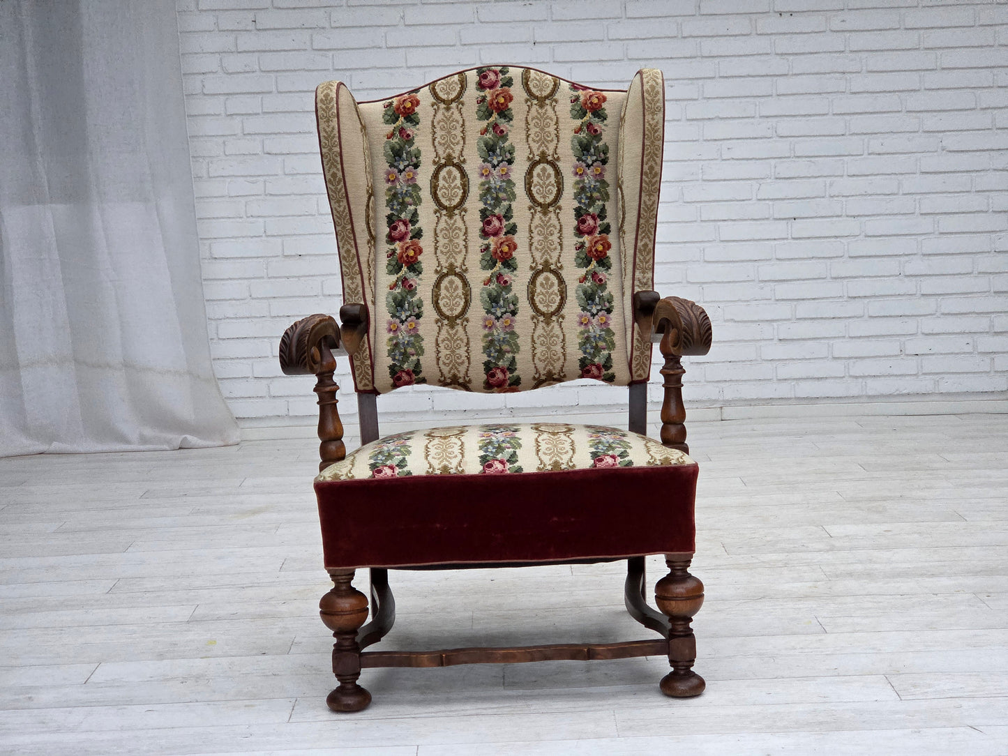 1950s, Danish wingback armchair, woven wool fabric, red furniture velour, ash wood.