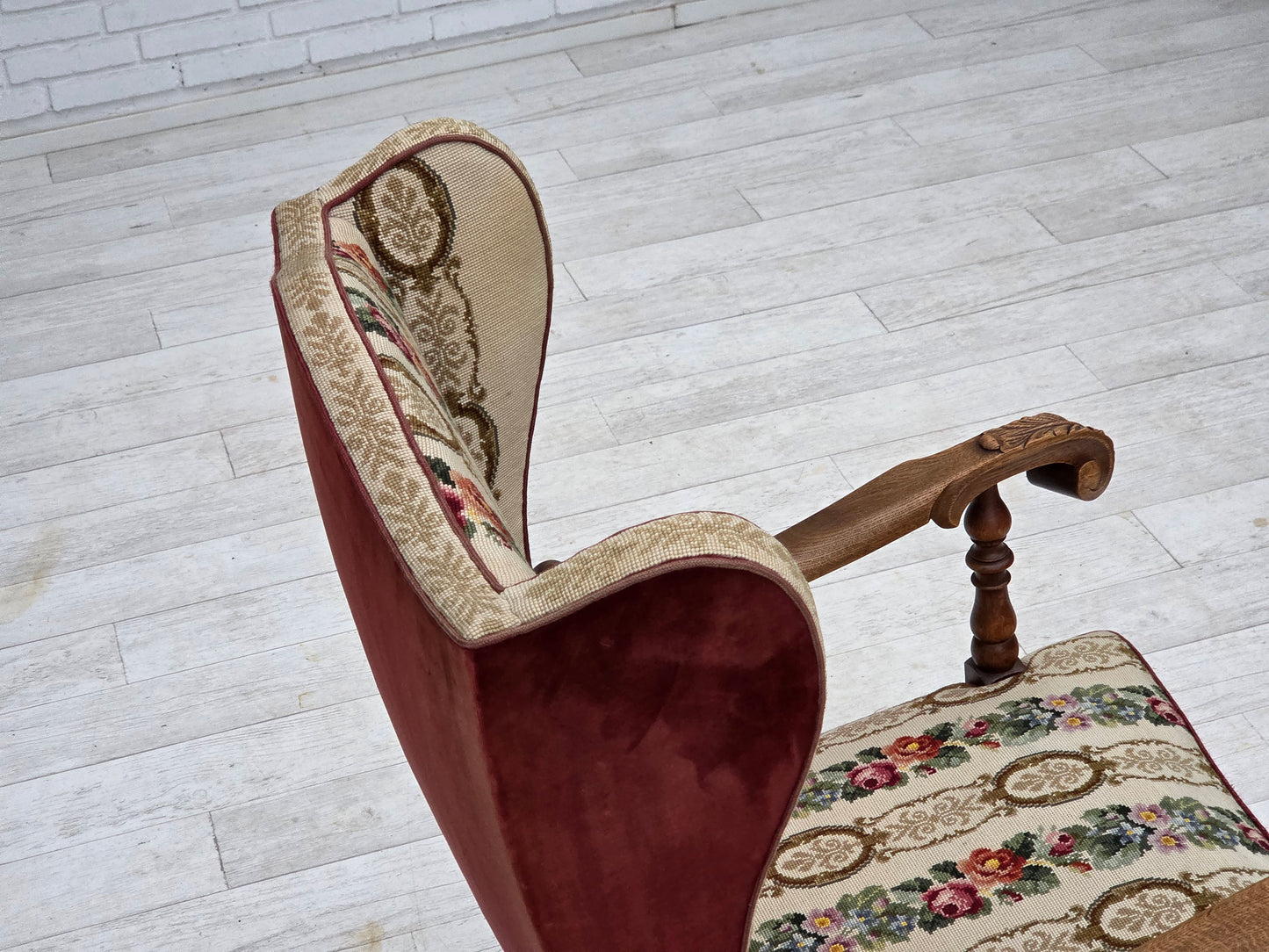 1950s, Danish wingback armchair, woven wool fabric, red furniture velour, ash wood.