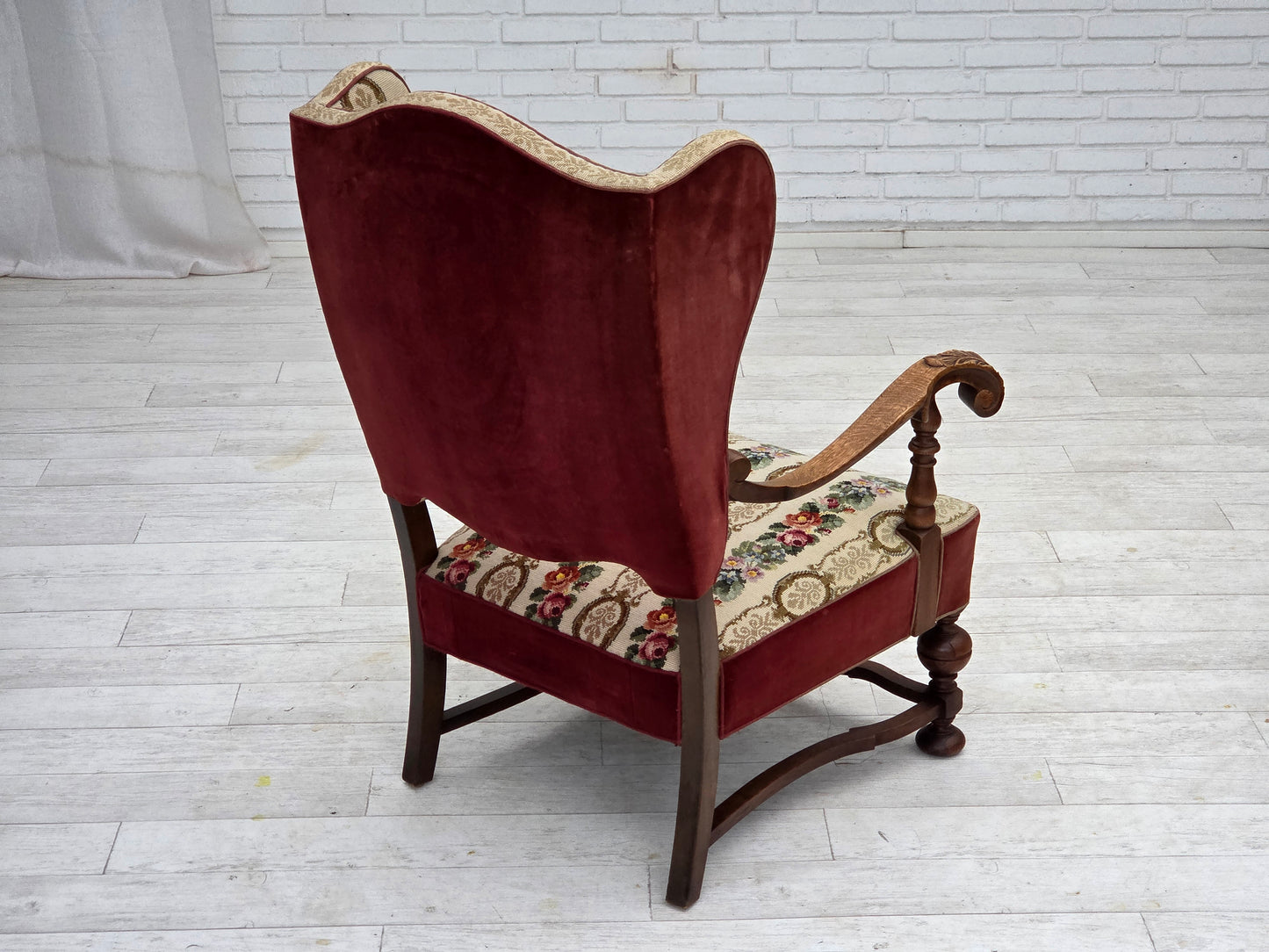 1950s, Danish wingback armchair, woven wool fabric, red furniture velour, ash wood.