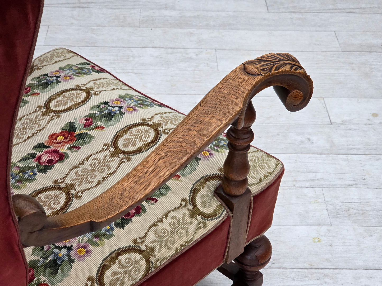 1950s, Danish wingback armchair, woven wool fabric, red furniture velour, ash wood.
