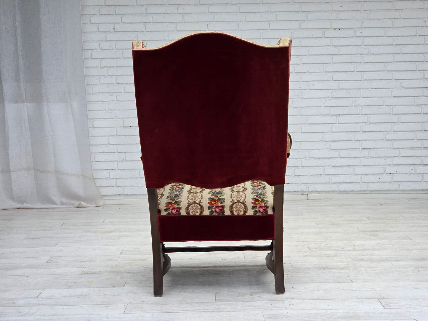 1950s, Danish wingback armchair, woven wool fabric, red furniture velour, ash wood.