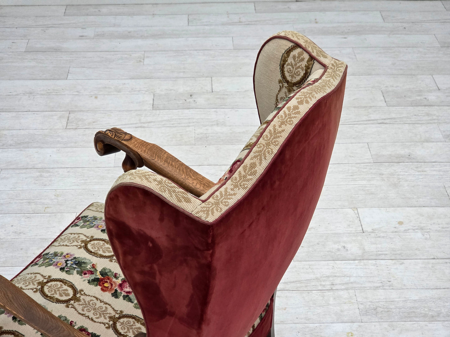 1950s, Danish wingback armchair, woven wool fabric, red furniture velour, ash wood.