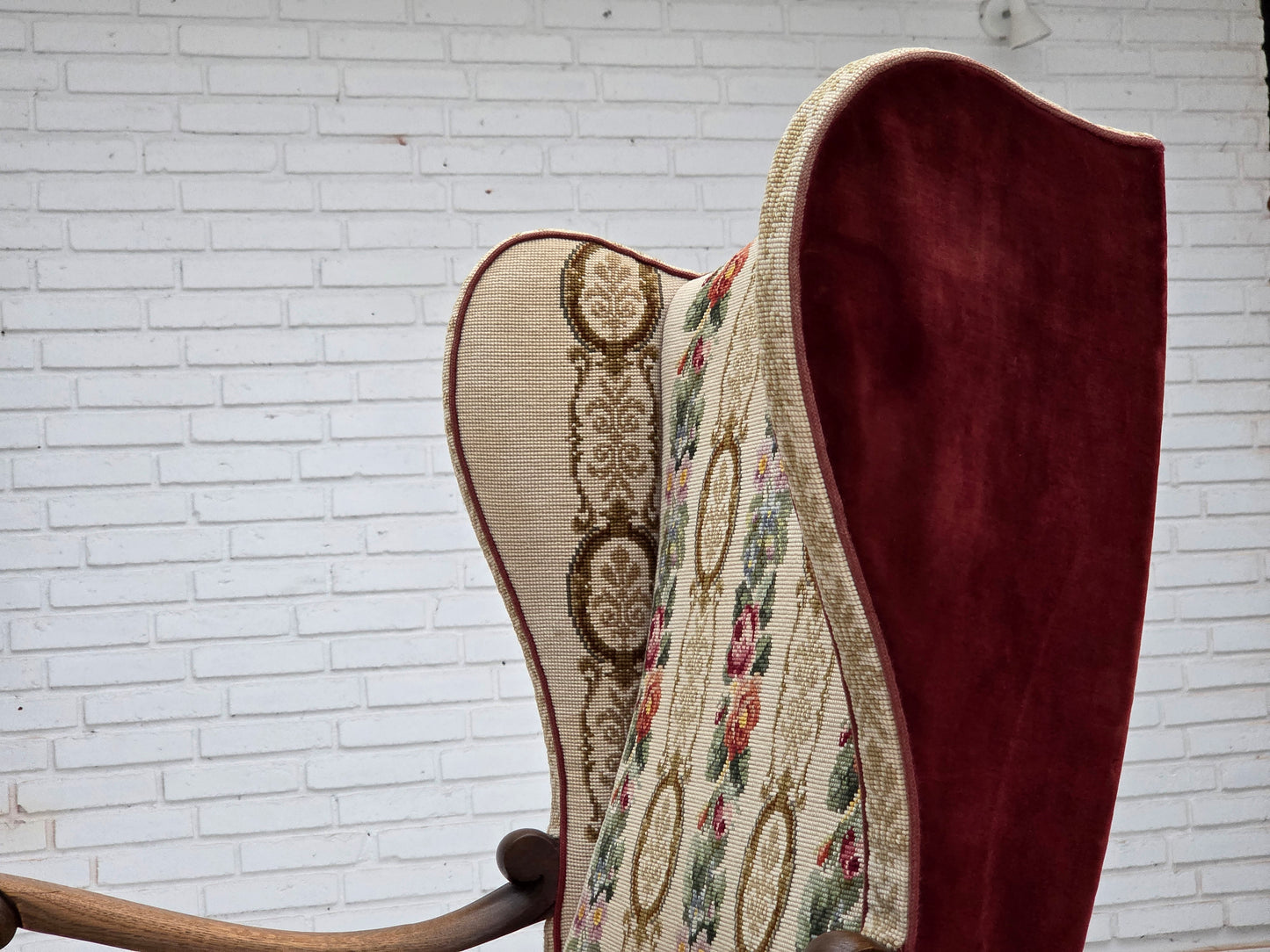 1950s, Danish wingback armchair, woven wool fabric, red furniture velour, ash wood.