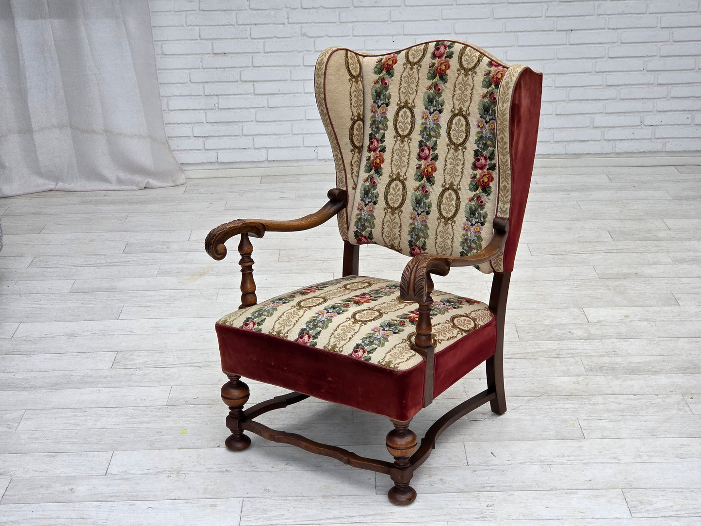 1950s, Danish wingback armchair, woven wool fabric, red furniture velour, ash wood.