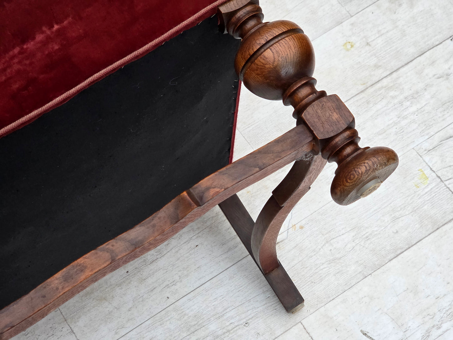 1950s, Danish wingback armchair, woven wool fabric, red furniture velour, ash wood.