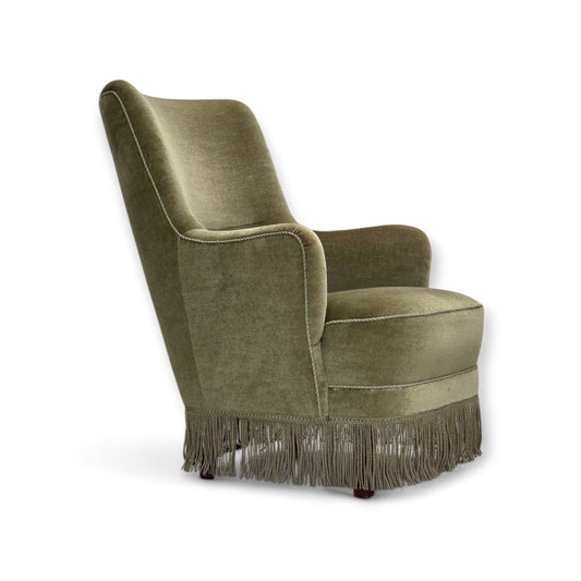 1970s, Danish highback armchair, green furniture velour.