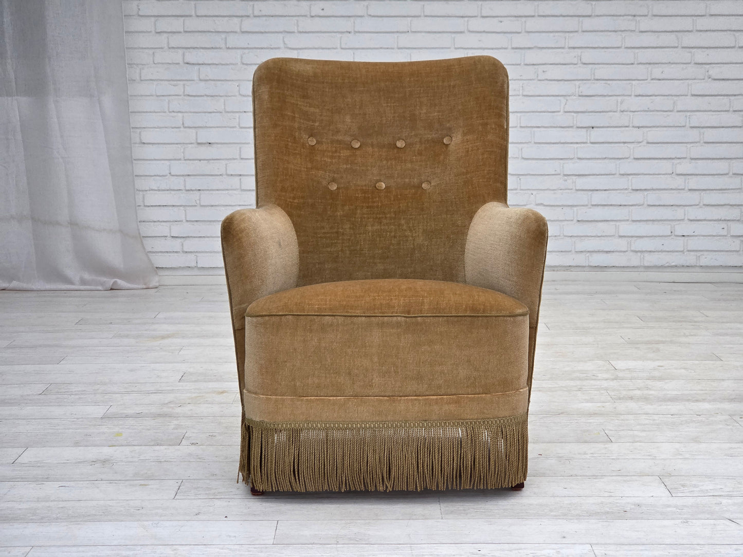 1970s, Danish highback armchair, light green furniture velour.