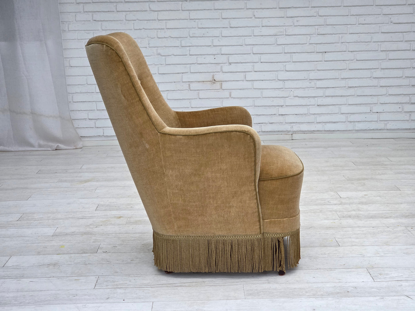 1970s, Danish highback armchair, light green furniture velour.