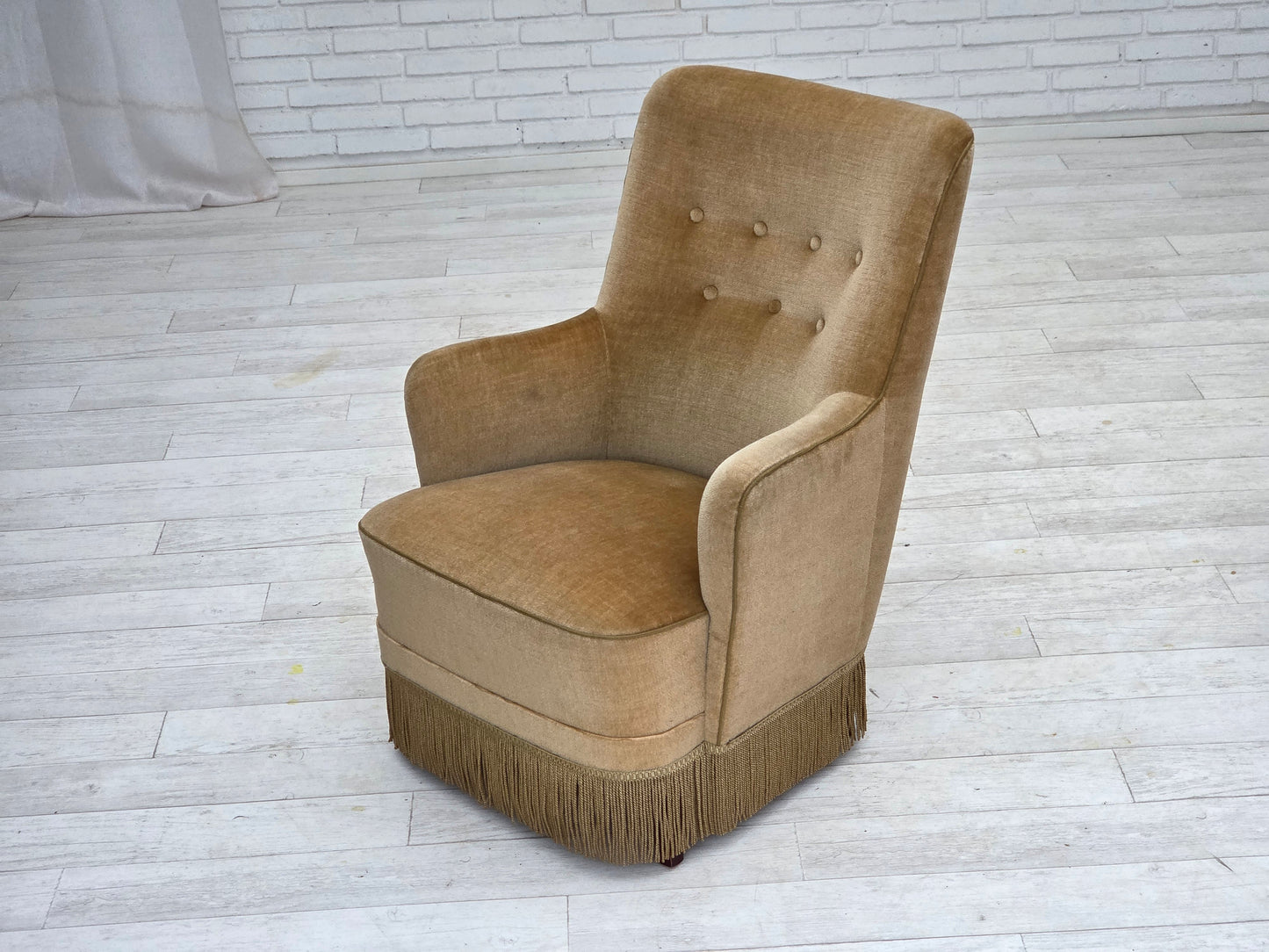 1970s, Danish highback armchair, light green furniture velour.