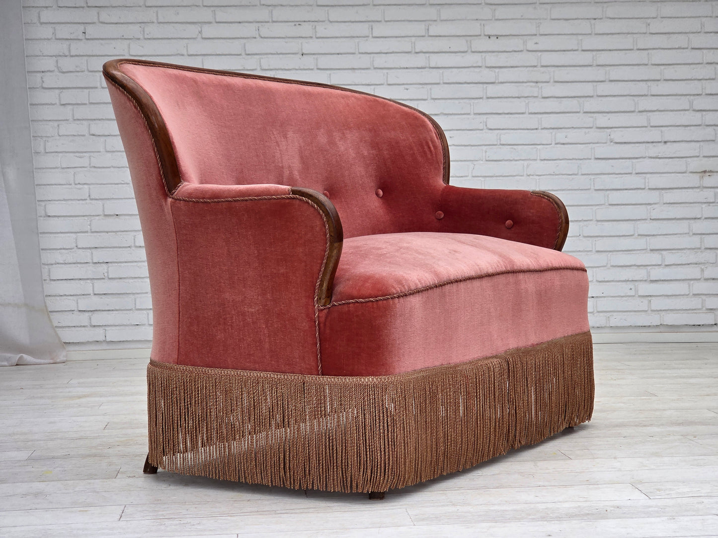 1930s, Danish 2-seater sofa, salmon pink furniture velour, ash wood.