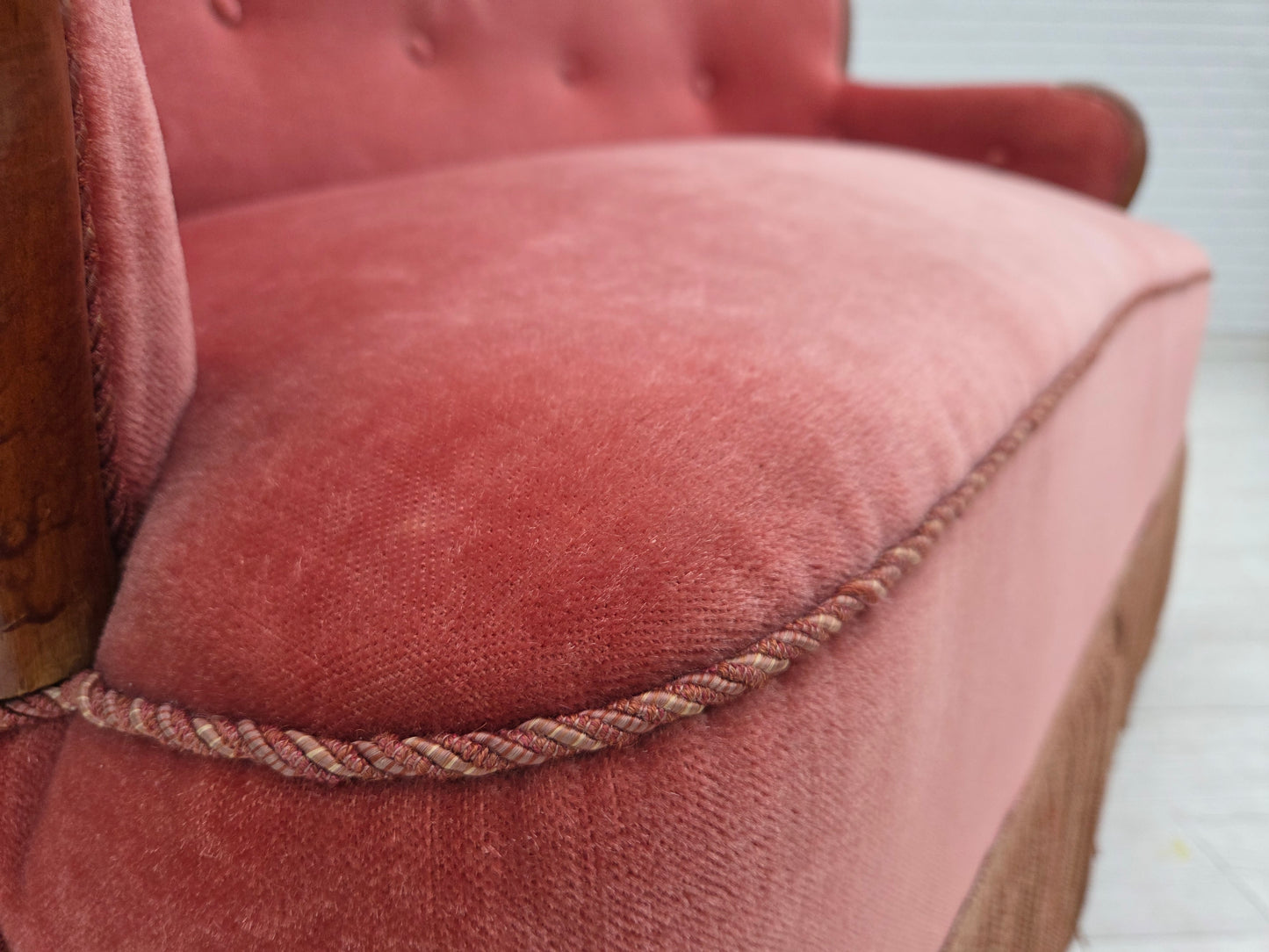 1930s, Danish 2-seater sofa, salmon pink furniture velour, ash wood.