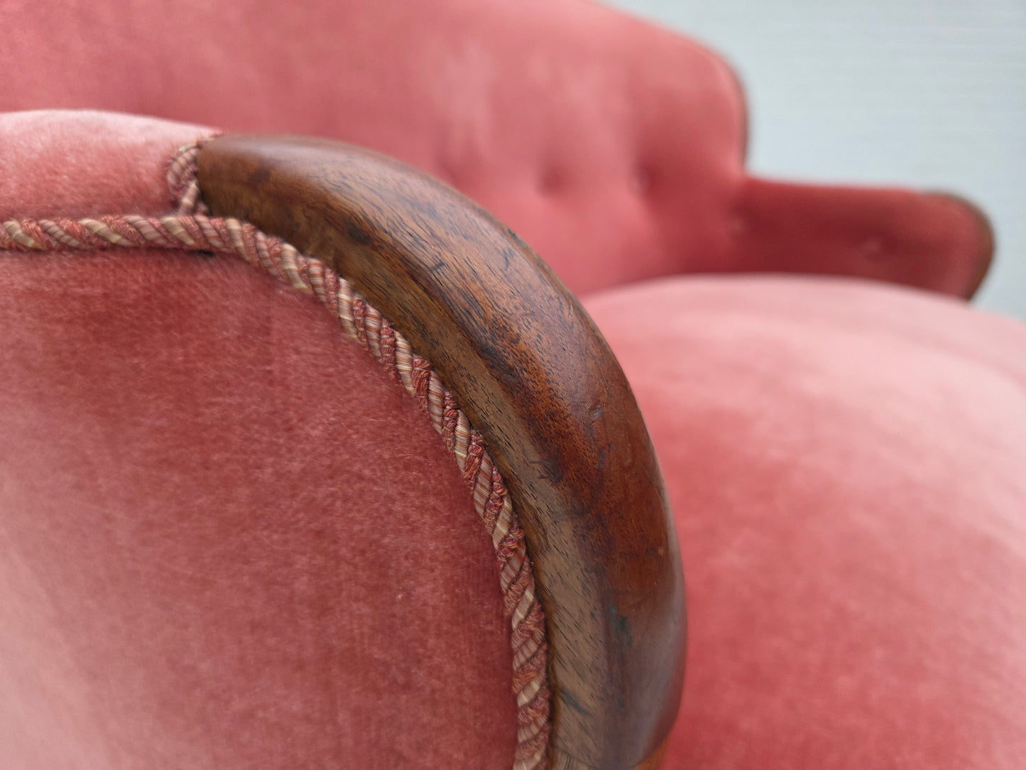 1930s, Danish 2-seater sofa, salmon pink furniture velour, ash wood.