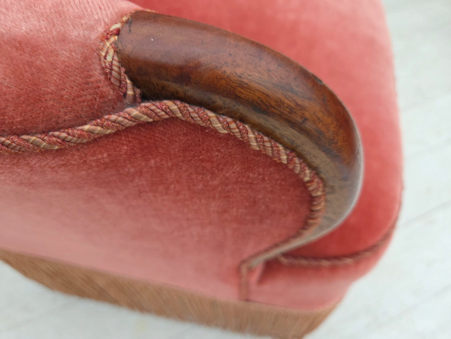 1930s, Danish 2-seater sofa, salmon pink furniture velour, ash wood.