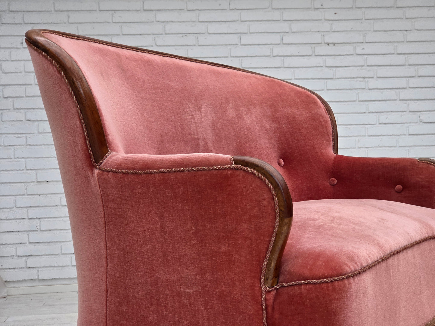 1930s, Danish 2-seater sofa, salmon pink furniture velour, ash wood.