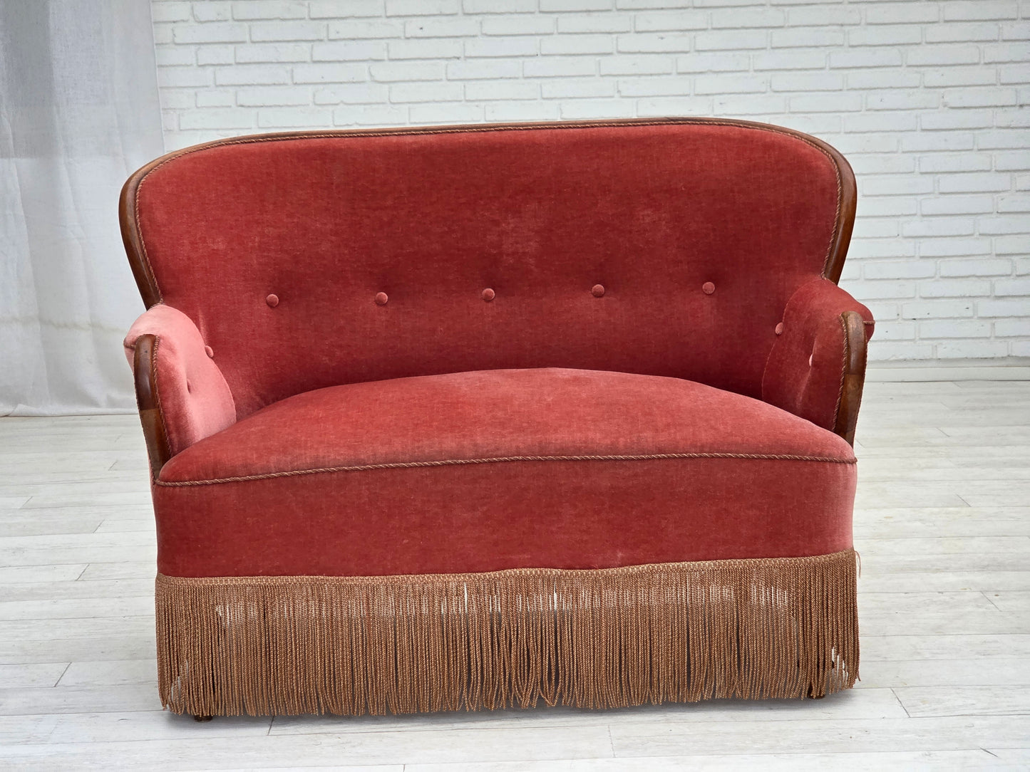 1930s, Danish 2-seater sofa, salmon pink furniture velour, ash wood.