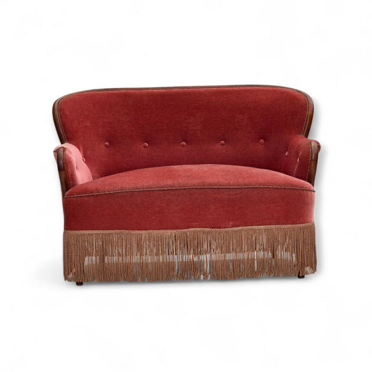 1930s, Danish 2-seater sofa, salmon pink furniture velour, ash wood.
