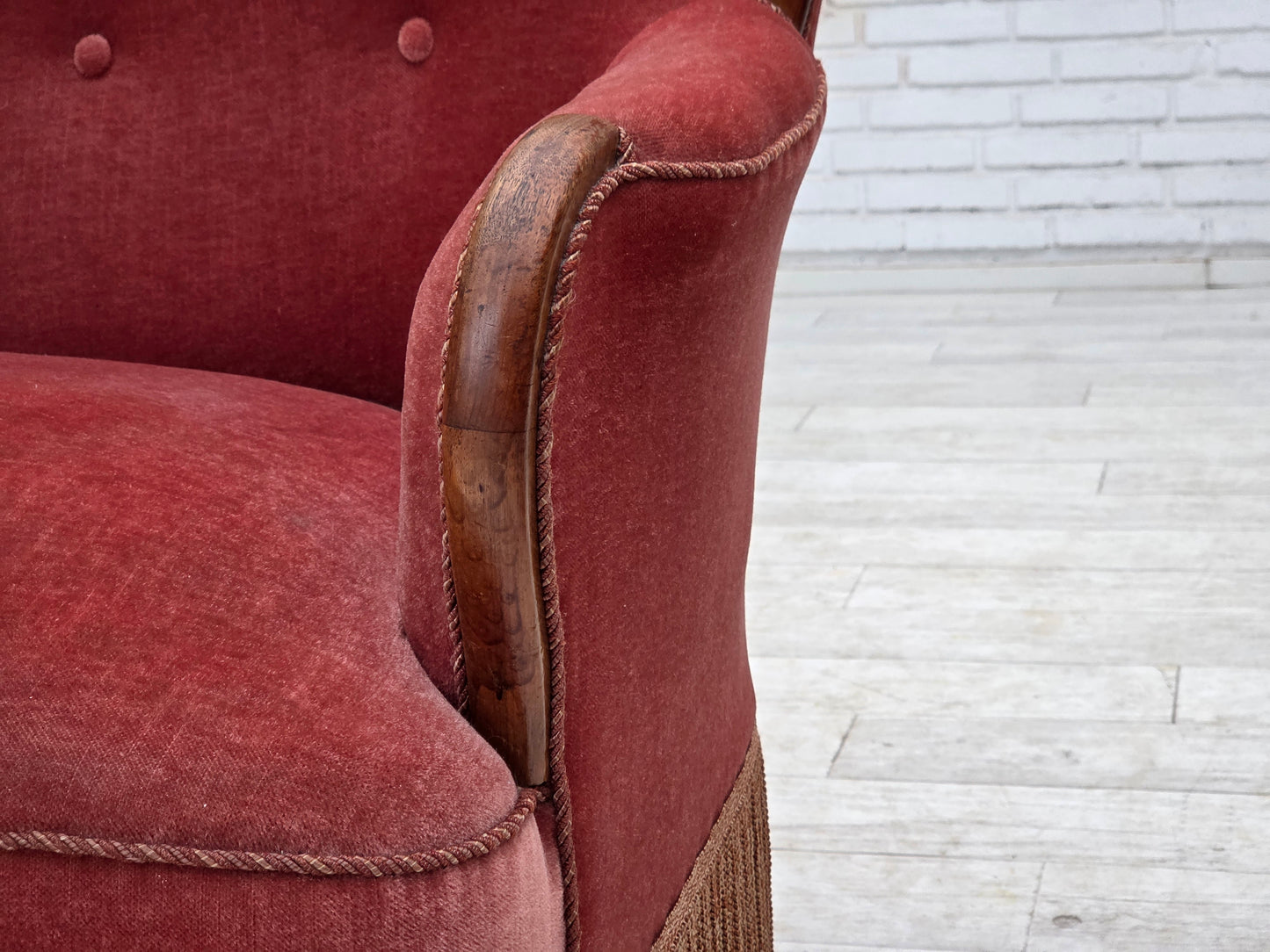 1930s, Danish 2-seater sofa, salmon pink furniture velour, ash wood.
