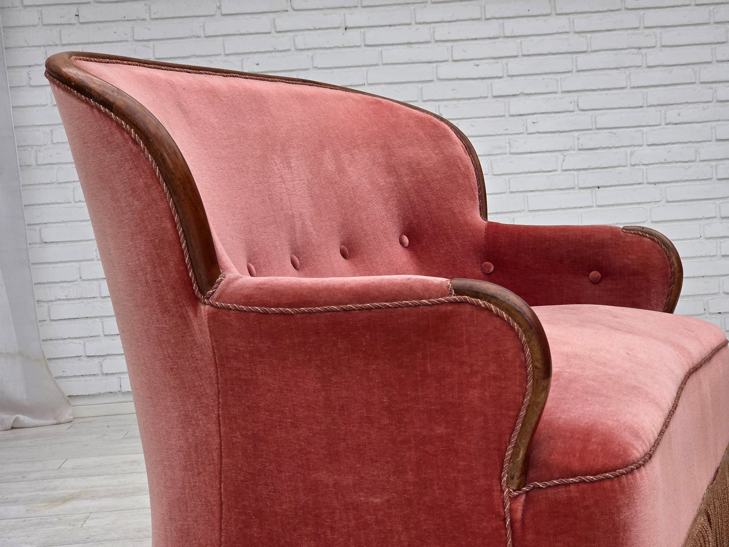 1930s, Danish 2-seater sofa, salmon pink furniture velour, ash wood.