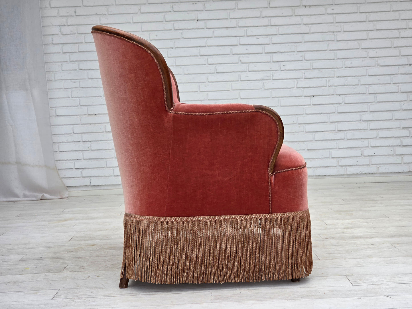 1930s, Danish 2-seater sofa, salmon pink furniture velour, ash wood.