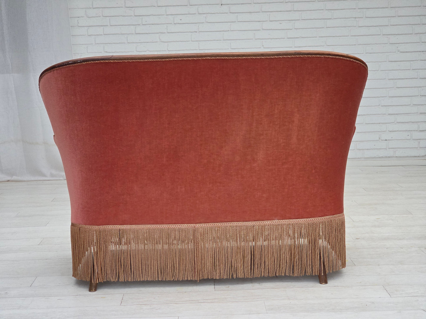 1930s, Danish 2-seater sofa, salmon pink furniture velour, ash wood.