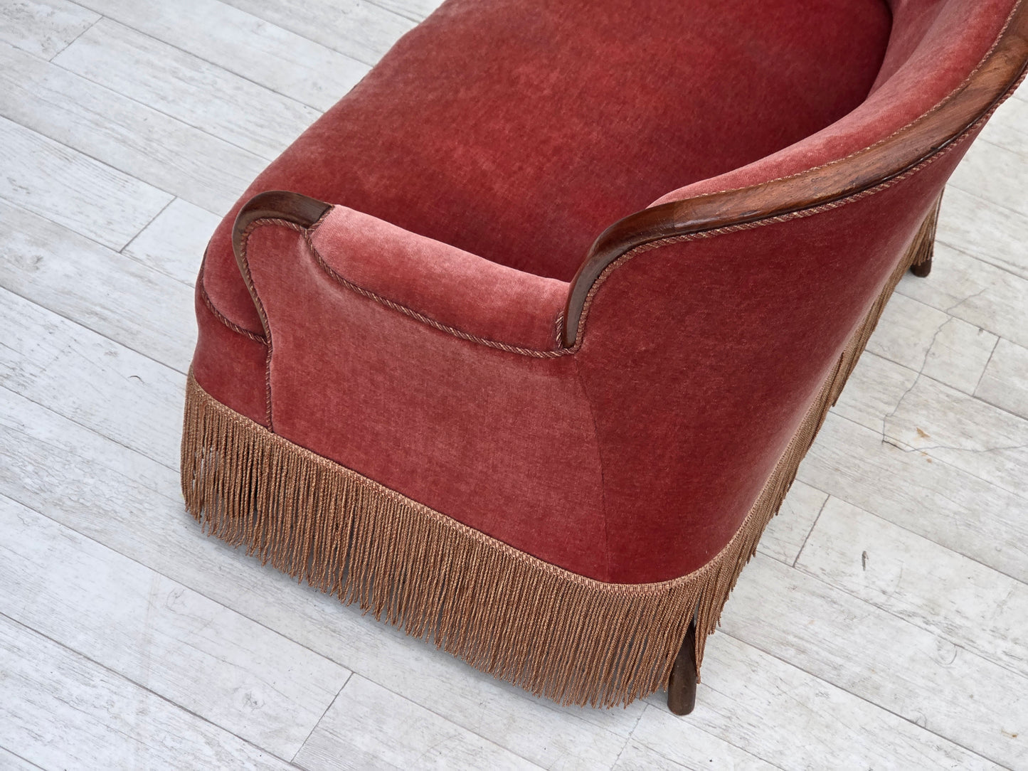 1930s, Danish 2-seater sofa, salmon pink furniture velour, ash wood.