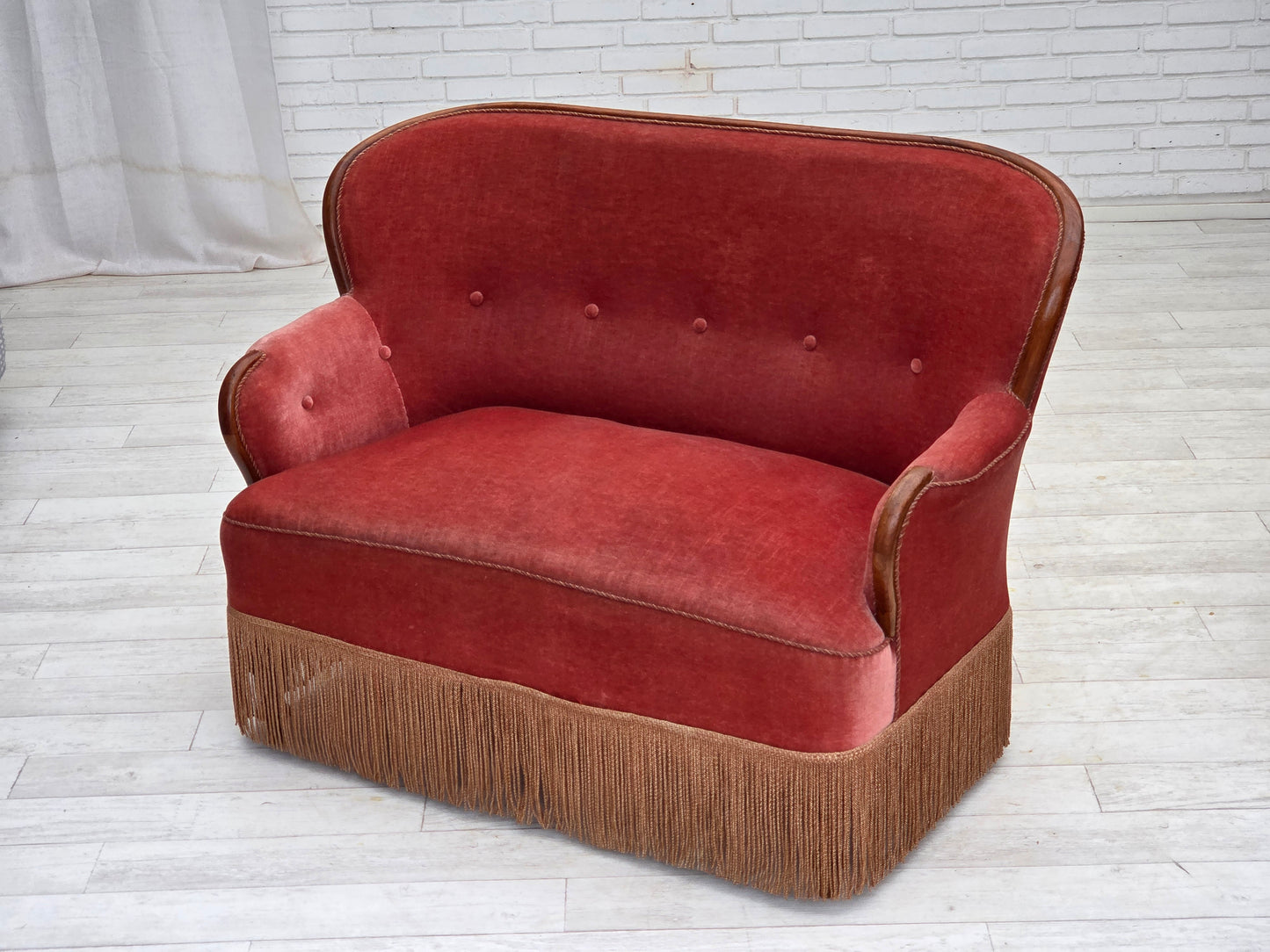1930s, Danish 2-seater sofa, salmon pink furniture velour, ash wood.
