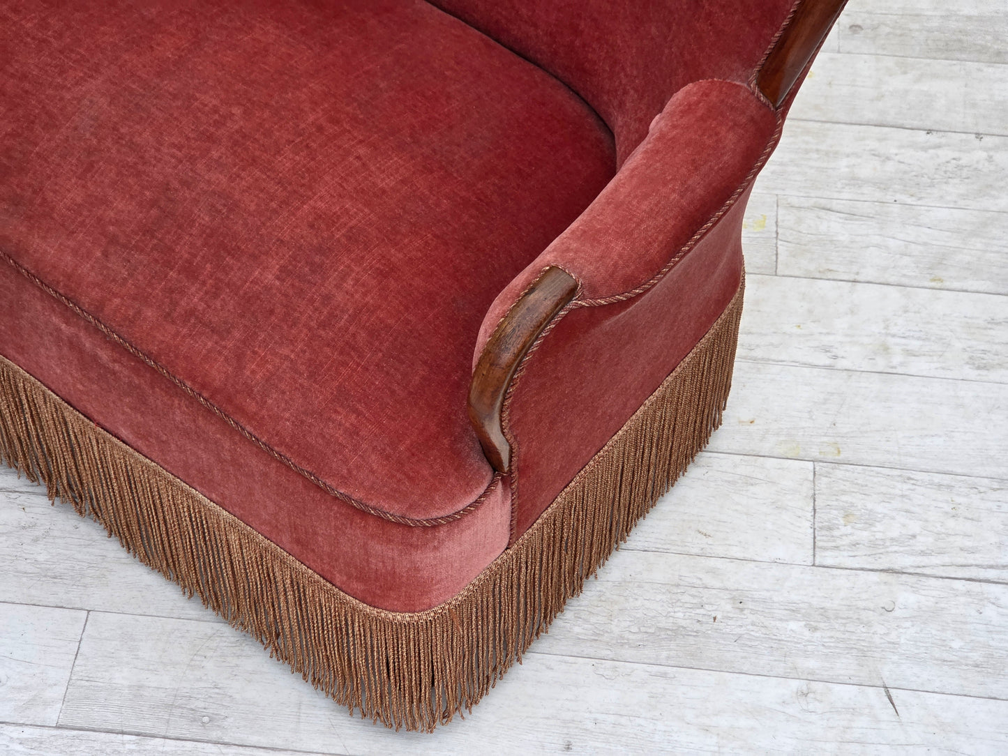 1930s, Danish 2-seater sofa, salmon pink furniture velour, ash wood.