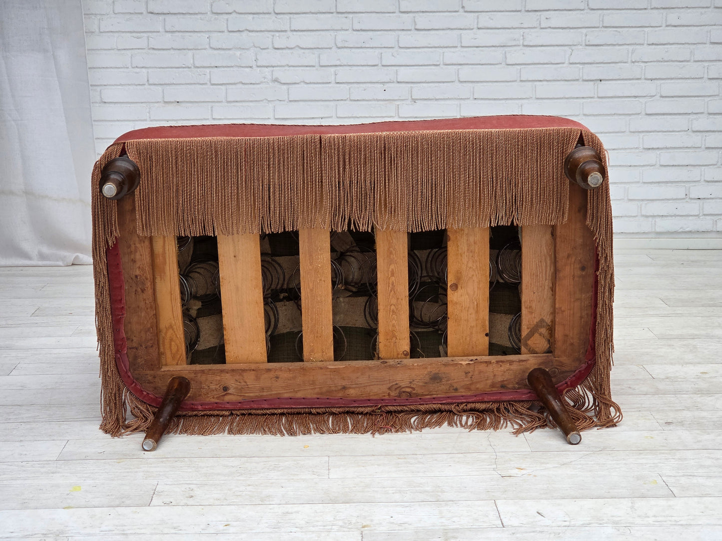 1930s, Danish 2-seater sofa, salmon pink furniture velour, ash wood.